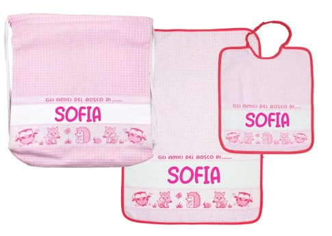 Bubabù SET ASILO PERSONALIZZATO BOSCO composto da 3 pezzi: bavaglino spugna con elastico cm.28x33, asciugamano cm.40x55, zainetto con fascia PERSONALIZZATI Cotone 100% Made in Italy (FUXIA)