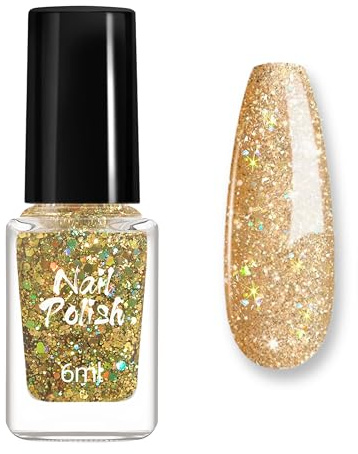 Gold Glitzer Nagellack - Glitzernagellack für schillernde Fingernägel, Langanhaltender schnelltrocknender Nagellack mit natürlichen Inhaltsstoffen - 6ml Holographic Glitter Nail polish (Gold)