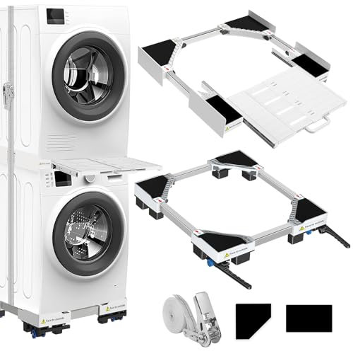 NIUXX Kit universel d'empilage et socle mobile pour sèche-linge et lave-linge, taille réglable avec corde à cliquet et supports de séchage extensibles pour lave-linge et sèche-linge gain de place
