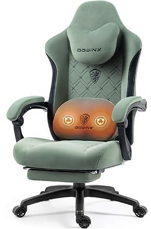Dowinx Gaming Stuhl mit beheizter Massage Lendenwirbelstütze, Stoff Gaming Stuhl mit Taschenfederkissen und Fußstütze, Gamer Stuhl High Back PC Stuhl für Erwachsene, Grün