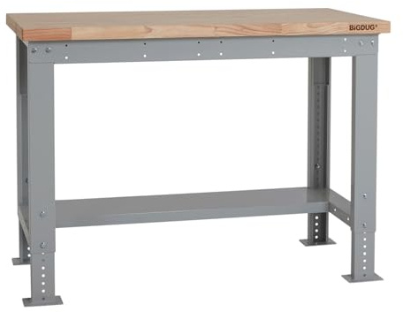 BiGDUG Height Adjustable Workbench - Heavy Duty Workshop Table - 877H x 1215W x 600D mm - Wood Worktop Half Depth Lower Shelf