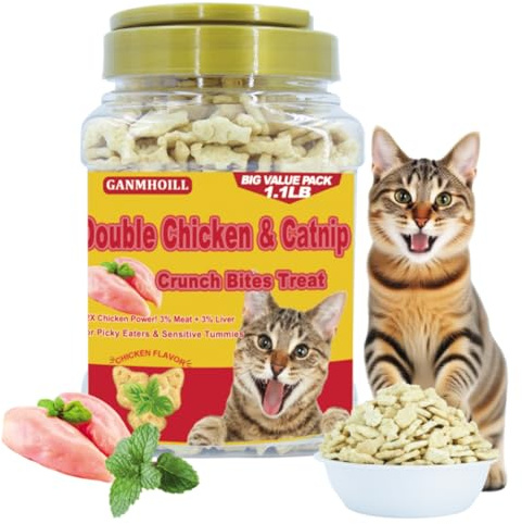 GANMHOILL 1.1lb / 500g Cat Grass Treats for Indoor Cats - 17.6 oz Natural Chicken Flavor, Healthy Snacks for All Life Stages, Crunchy Training Biscuits with Dental Care & Hairball Control