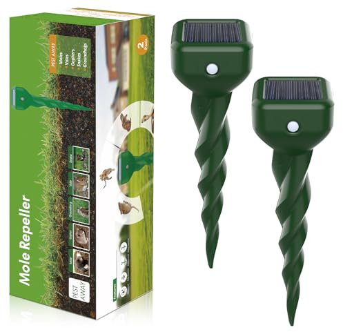 2 Piezas Ahuyentador de Topos Solar, Repelente de Ratones Ultrasónico, Ahuyentador Animales para Repeler Topillos, Serpientes y Roedores de Jardines, Anti Topos