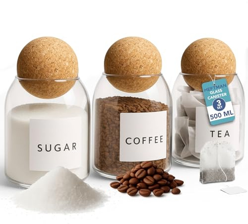 HEFTMAN Glasdosen mit Korkdeckel - Set mit 3 500 ml Kaffee-, Tee-, Zuckerdosen, hohes Borosilikat, stilvolle Korkkugel-Glasdose für Salz, Gewürze, trockene Lebensmittel, Küchenorganisation, inklusive