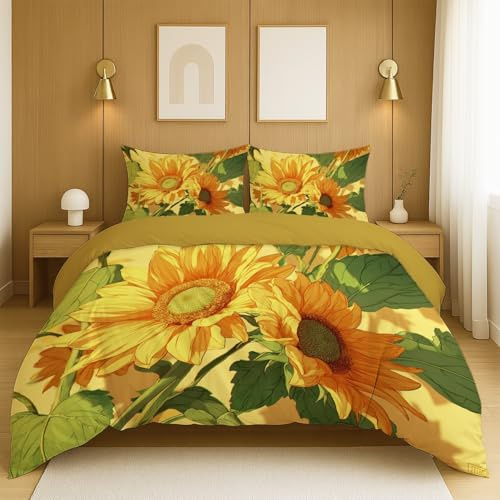Juego de Cama de Tres Piezas Fácil Cuidado Incluye 2 Fundas de Almohada de 80 x 80 cm y 1 Colcha de 150x200 cm., Amarillo Dibujos Animados Plantas Girasoles.