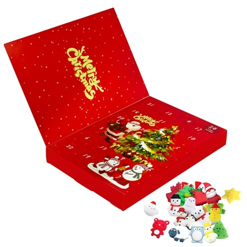 MOMAHUA Calendrier de l'Avent 2025 Mochi à Presser Noël - 24 Mochi Stress Antistress Noël with Boîtes Cadeaux Surprises Rouge avec 24 Mochis Squishies Mignons pour Enfants Adultes, Décoration Festive
