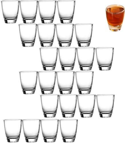 Snapsglas glas, 35 ml/3 cl likörglas av klart glas med tjock botten, små likörglas, diskmaskinssäker tjock bas, transparenta shot-glas, för högtidsgatherings, familjebarer, 24 stycken