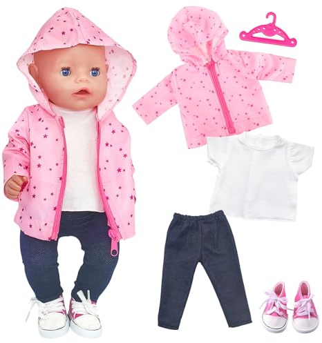5Pcs Doll Clothes Outfits for 14-18 Inch Baby Dolls, 35-45cm Pink Star Hoodie T-Shirt Pants Canvas Shoes Hanger, Cute Doll Accessories for Girls (No Doll)