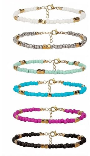 AYZDJ 6PCS Boho Colorful Glass Bead Ankle Bracelet Set for Beach | Rainbow hues, smooth round beads, stretchy cord, multi-wrap, for seaside, vacations, or bohemian style.