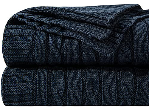 NTBAY 100% Pure Cotton Cable Knit Throw Blanket, Super Soft Warm 130x170 Knitted Throw Blanket for Couch, Sofa, Chair, Bed - Extra Cozy, Machine Washable, Comfortable Home Decor, Navy, 130x170 cm