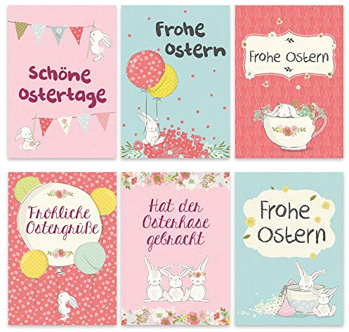 Papierdrachen Set de tarjetas de Pascua con conejo de Pascua en azul, rosa, coralle 12 bonitas tarjetas postales para Pascua - Set de tarjetas de felicitación 7