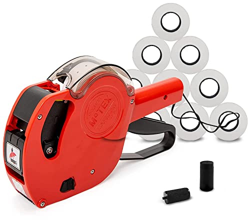 Motex MX-5500 New Version 1 Line 8 Digits Price Tag Gun Kit - Includes 10,000 White BlankLabels and 1 Pre-Loaded Inker with 1 Ink Refill - for Grocery Store, Retail Shop, Garage Sale (Red)