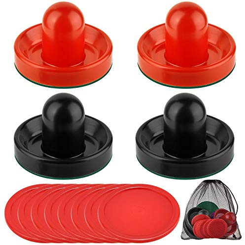 Coopay Air Hockey Pushers and Pucks, Air Hockey Paddles with Felt Bottoms, Goal Handles Paddles Replacement Accessories with a Drawstring Bag for Game Tables (4 Striker, 8 Red Puck Pack)