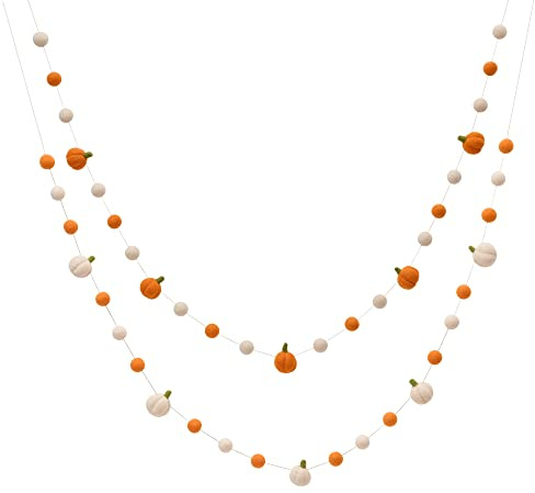 Glaciart One - Confezione da 2 palline di feltro + ghirlanda di zucca, facile da appendere, decorazione per feste di Halloween,100% lana neozelandese, piegate a in Nepal, 18 pon, 5 zucche ornamentali