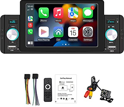 Estéreo para automóvil con pantalla táctil de 1Din y 5 pulgadas con Apple Carplayer Android Auto Soporte para Bluetooth Manos libres USB FM Control del volante Enlace de espejo con cámara 8LED