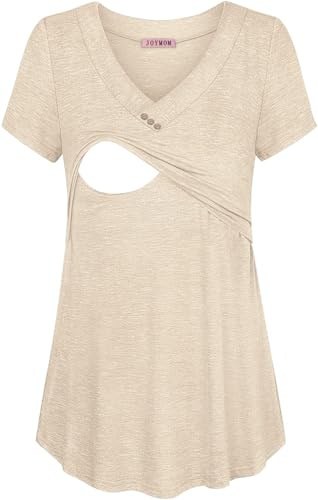 Joymom Maternity Shirts for Women, Nursing Blouse Short Sleeve Soft Breastfeeding V Neck Tunic with Ruched Curve Large Beige XL