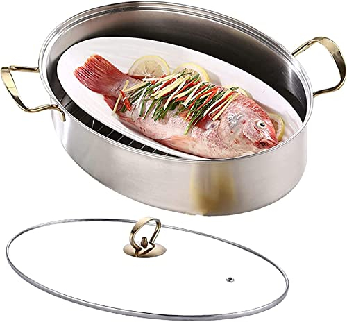 Vaporizador de pescado ovalado 8Qt, olla de pescado multifuncional de acero inoxidable 304 con estante, utensilios de cocina de cerámica y cazuela para cocinar pescado al vapor, sopa hirviendo