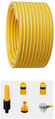Coavoo 8 m Gelber Gartenschlauch (Ø innen 16mm / Wst： 2mm) für Auto & Garten – Ungiftig, platzfest, abriebfest – Mit 5 Zubehörteilen (Pistole, Anschlüsse)