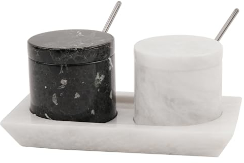 Radicaln Lot de 2 salières en marbre avec couvercle et plateau de 7,6 cm - Noir et blanc - Récipients de rangement pour assaisonnement essentiels de cuisine