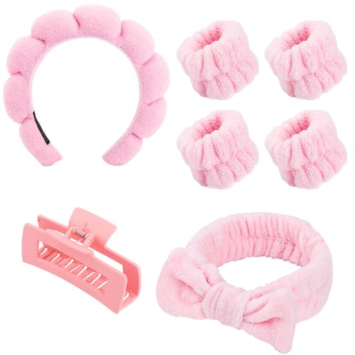 7 Pcs Spa Bow Headband Set, Makeup Headband and Wristband Hairpin Set, Shower Hair Accessory Set (Pink)