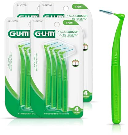 GUM Proxabrush Go-Betweens - Angled- Interdental Brushes - Soft Bristled Dental Picks for Plaque Removal Health - Safe for Braces & Dental Devices, 4 Count (Pack of 4)