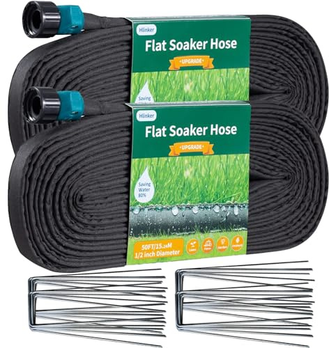 Hlinker 2025 Flat Soaker Hose 100 ft (50ft 2Packs) with Stake for Garden, Linkable Drip Hose DIY Automates Garden Irrigation System Saving 88% Water, Dual-Layer Leak-Free Design Water Hose with Holes