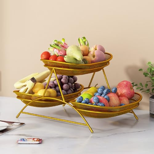 JUNYFFF Fruit Bowl, Tiered Fruit Basket – 37X23x20cm – Modern Fruit Bowl Large 3 Tier – Fruit Basket Etagere in Metal for Keeping Fruit, Vegetables And Bread,Gold