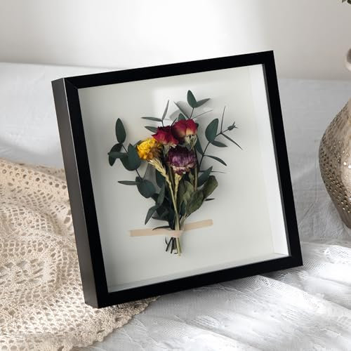 Shadow Box Frame 8x8 with White Back Board, Wooden Frame with Shatter-Resistant HD Panel Shadowbox Display Case for Wall and Tabletop, Memory Box for Flower, Medals, Tickets, Photos-Black