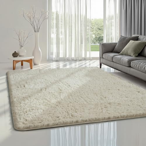 the carpet Soft Shaggy Flauschiger Hochflor Teppich, Wohnzimmer, Kinderzimmer, Anti-Rutsch Unterseite, kuschelig weich und super Soft, Creme, 80 x 150 cm