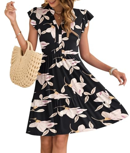 AUSELILY Vestito Donna Estivo con Scollo a V Maniche a Volant Mini Abito Vita Elastica Vestiti Casual con Tasche Gloria mattutina M