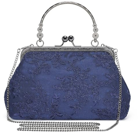 BAIGIO Clutch dam elegant aftonväska dam vintage clutch väska svart väska blommig handväska axelväska för fest bröllop brudväska spets kedja väska dam, A- Blå, Navy-kuvertväska
