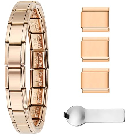 Italian Charm Bracelet 9mm Stainless Steel Modular Link Bracelet Starter Set with 18 Links 3 Extra Charms & Opening Tool - Silver, Gold, Rose Gold, Blue, Black, Red, 18cm Adjustable