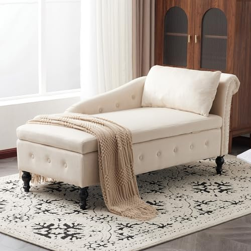Velvet Chaise Lounge Sofa with Storage, Upholstered Lounge Chair with Pillow, Modern Button-Tufted & Nailhead Trim Chaise Lounges, Indoor Right Armrest Couch for Living Room, Bedroom, Office (Beige)