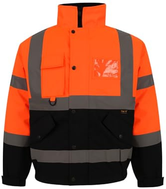 BLOOM BLENDS High Visibility Bomber Jacket Waterproof Reflective Safety Coat – Hi Vis Workwear Winter Jacket with fleece Lining, Waterproof Outer & Removable Hood (UK, L, Orange/Navy)