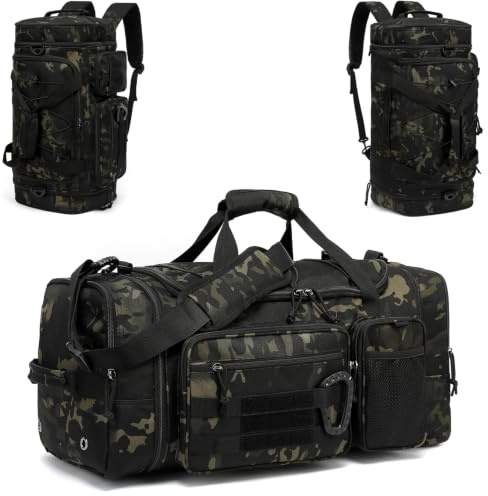 TONRUYN 3 i 1 Taktisk Sportväska för Män, Expanderbar Resväska Duffel 50-55L med Skofack och Ficka för Blöta Saker, Ryggsäck för Träning, Weekendäventyr och Utomhus, Camo
