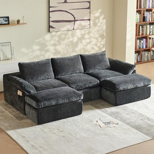 Vamcheer Ecksofa mit Schlaffunktion (Vollschaum) - 3 Sitzer Modulares Boneless Big Sofa XXL, Cloud Couch U Form für Wohnzimmer, Groß Schlafsofa, Moderne Schlafcouch Eckcouch Grau