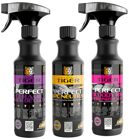 CHEMICAL TIGER - 3-Delat Bilvårdsset: Rengöring för Interiör och Exteriör + Detailer för Keramisk Beläggning + Fälgrengöring - Grundlig Rengöring, Skonsam Mot Ytor, Djup Glans