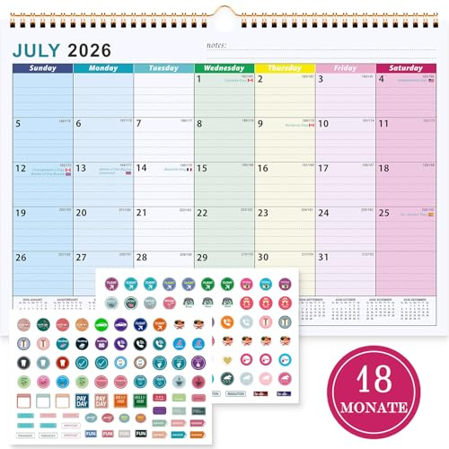 Benjia Calendrier De Juillet 2026 à Décembre 2027, 38x30cm grand calendrier mural mensuel de bureau, agenda planning organisateur familial avec bobine, autocollants de planification (Colorés)