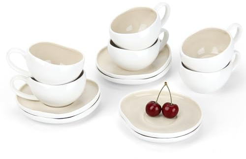Espressokoppar, espressokoppar set med tefat, 6 delar keramiska espressomuggar med tefat, 120 ml espresso- och moccatkoppar, koppar och tefat, ljusbeige och vit