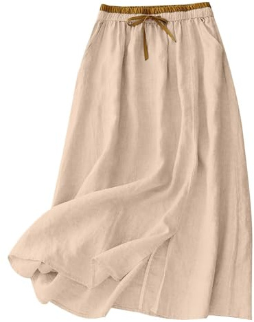 GMQWRK Falda midi de algodón y lino para mujer, moda UK, estilo informal, con lazo elástico en la cintura, abertura en el dobladillo y bolsillos, falda dividida de verano, falda midi, falda para mujer