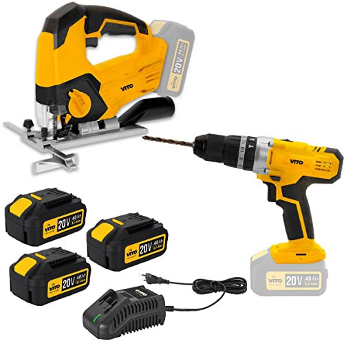 VITO - Pack 2 Outils sans fil 20V Scie sauteuse + Perceuse Visseuse + 2 Batteries 4.0 Ah + 1 Chargeur rapide