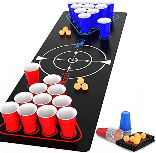 Faburo Tappeto da Gioco per Bere Birra-Pong (1.8 x 0.6 m), Birra Pong Tazze, Birra Pong Party Set Gioco di Birra Carta, Palla da Ping-Pong Festa Tazza Bicchieri Gioco alcolico per Adulti Festa
