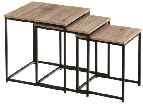 LOLAhome - Set 3 Mesas de Centro, Mesa Nido Pequeña para Salón o Comedor OficinaMesita Auxiliar Cuadrada SofáMadera y Metal Natural y Negro