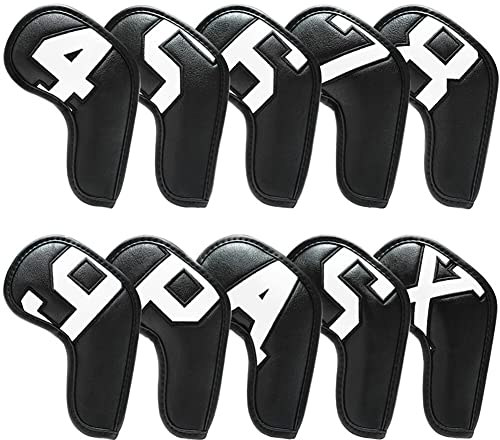 ISAKEN 10 Stück Schlägerkopfhüllen für Eisen Schlägerhauben Golf Langer Hals Anzahl Buchstaben Print, Protective PU Wasserdicht zum Schutz des Golf Clubs vor Beschädigungen