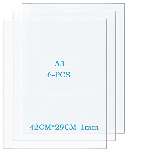Taiyeestar 6 pièces 290 x 420 x 1 mm Plaque Acrylique Transparente A3, Feuille de Plastique Plaque Transparent pour Remplacement du Verre du Cadre Photo, DIY Projets, Peintures