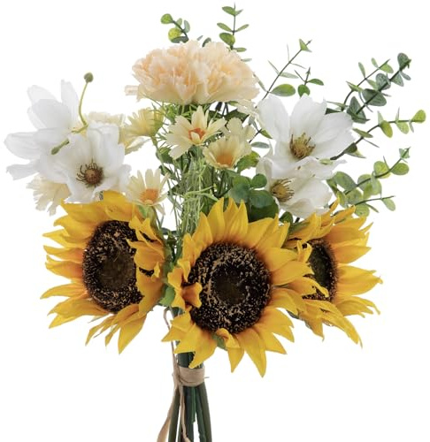 YELIKIT konstgjorda blommor solrosor konstgjorda växter blommor dekoration oäkta blommor silke blomarrangemang för hem bukett bröllop trädgård festival dekor (gul och vit)