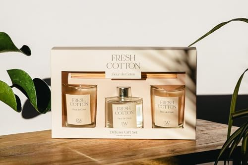 Marco Paul Scented Candle Gift Set Tea Light Small Long Burning Candles 30 Hour Burning Candle Sets Ornament Centrepiece Wedding Party Gifts (50ml Diffuser & Candle, Fresh Cotton)