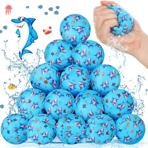 RoundFunny 48 Pcs 3 Inch Shark Party Nylon Water Bomb Hawaii Swimming Pool Water Absorbent Ball Toys, Hawaiian Party Favors Summer Activities Water Fight Games for Pool Beach (Blue)