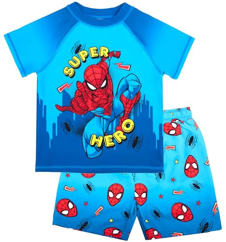 Marvel Spiderman Swim Set for Boys 2 Piece Swimming Shorts & T-Shirt UV Sun Protection Swimming Costume for Boys Age 2-6 Blue