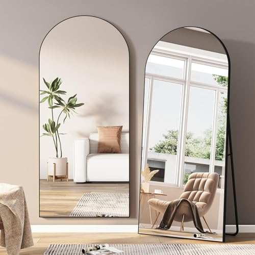 BHFFTHK Espejo de cuerpo entero, 180 x 80 cm, curvado con marco de metal negro, espejo de pie HD grande para dormitorio y vestidor